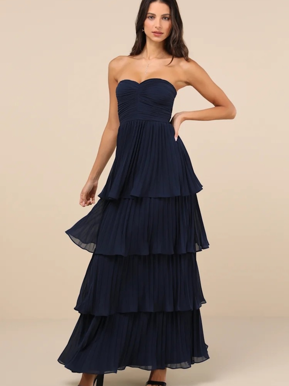Lulu's Navy Sensational Xl Strapless Tiered Pleated Maxi Dress